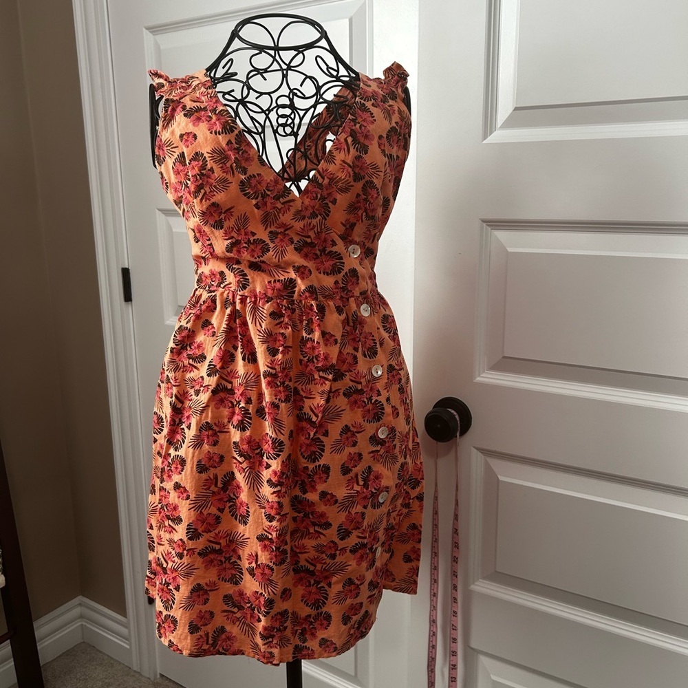 Zara Linen Blend Tropical Floral Faux Wrap Mini Vacation Dress - Picture 2 of 9